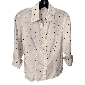 Tweeds Women’s 100% Linen button down Shirt White W Black Polka Dots Sz S